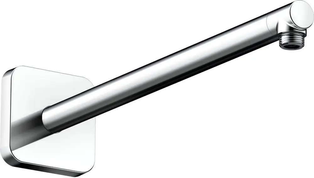 Chromfarbener Brausearm mit rechteckiger Wandhalterung. Das Produkt stammt von AXOR.